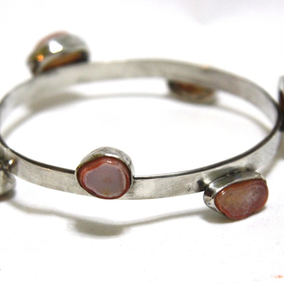 Chunky Natural Bezel Set Agate Bangle Bracelet in Solid Sterling Silver - Picture 6 of 6
